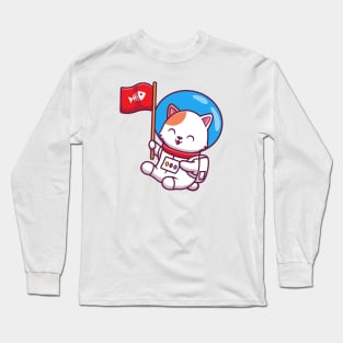 Cute Cat Astronaut Holding Flag Long Sleeve T-Shirt